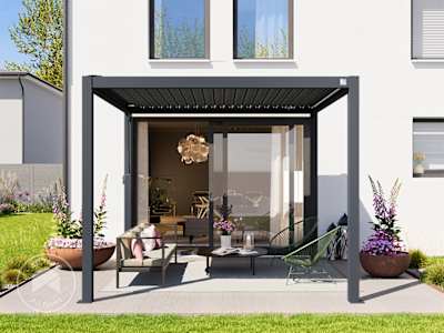 Aluminium pergola with a closed louvered roof providing adjustable shade and rain protection.