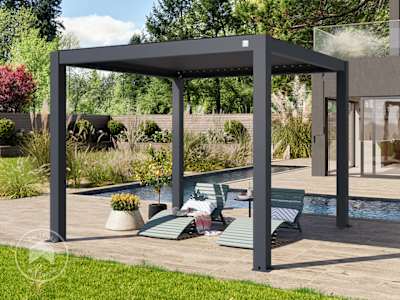 Primeyard Premium louvered pergola creating a shaded outdoor seating area in a modern garden