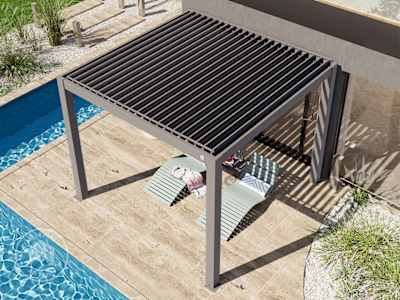 Aluminium pergola with an open louvered roof allowing sunlight and airflow over an outdoor seating area.