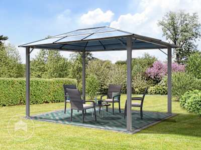 Hardtop gazebo providing covered seating in a landscaped garden.