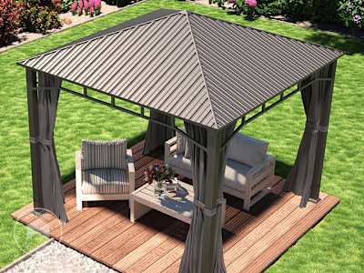 Hardtop gazebo with a fixed metal roof providing constant shade and weather protection.