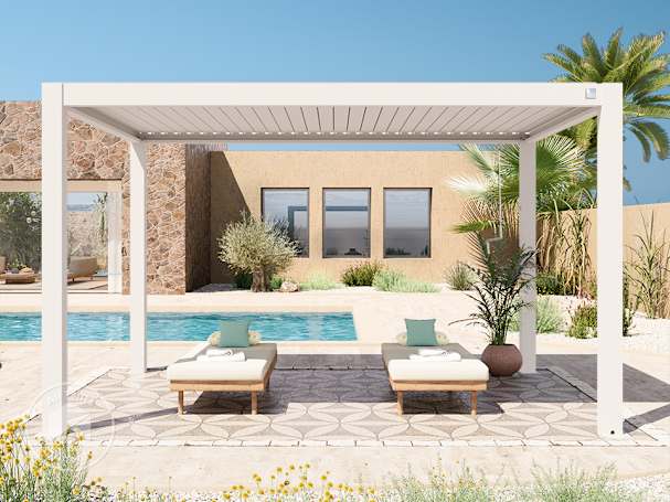 White louvered pergola creating shade over a modern poolside patio with sun loungers