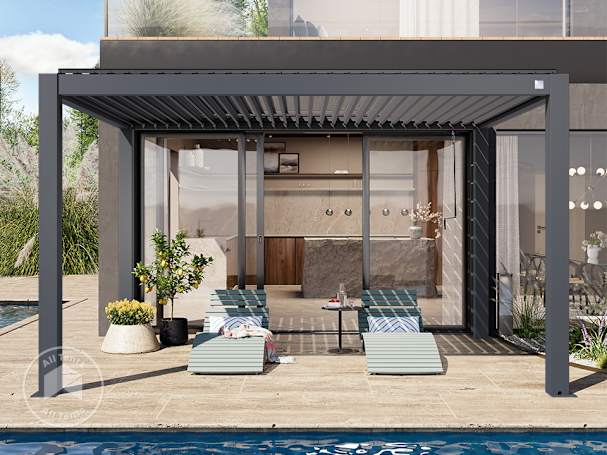 Gray louvered pergola providing shade beside a contemporary outdoor living area