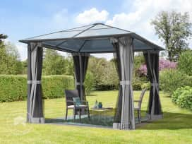 10x10 ft Garden Gazebo, Hardtop,  4 Curtains in Gray