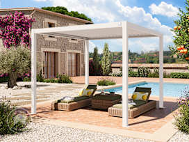 10x10 ft Pergola, Steel Louvered Roof, White