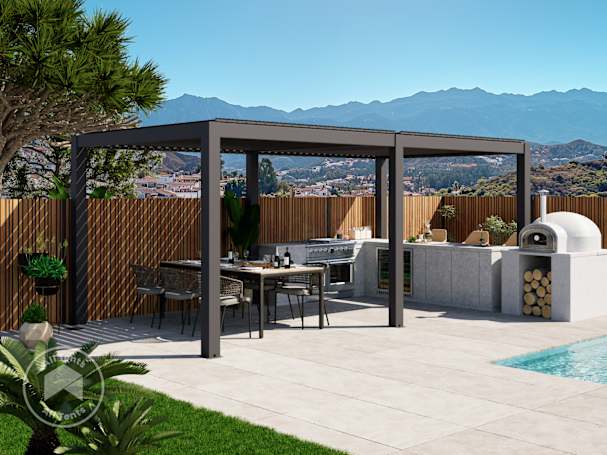 Dark gray pergola sheltering a poolside outdoor kitchen and dining area with mountain views