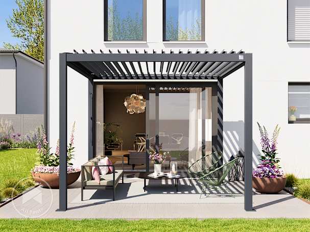 Dark grey freestanding pergola creating a covered outdoor seating area on a modern patio