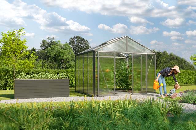 20% Sitewide Promo. Modern greenhouse beside a raised garden bed in a landscaped garden