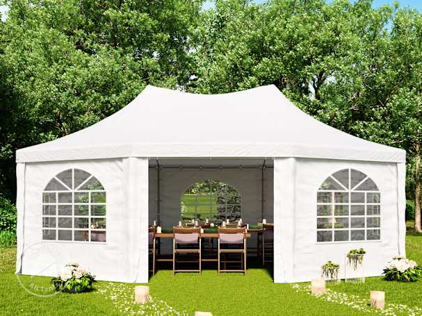 High peak frame tent with double peak roof, PVC canopy, and sidewalls