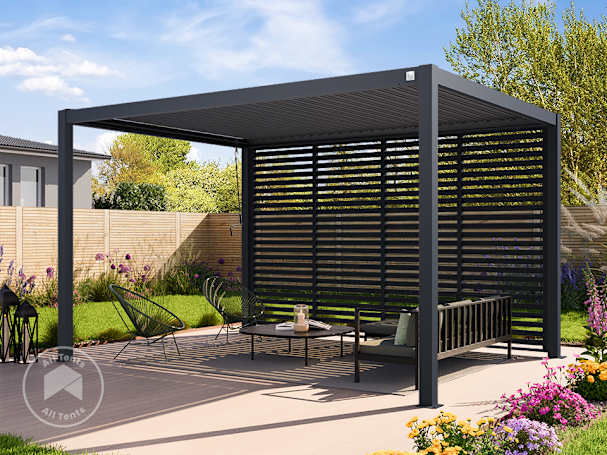 Louvered pergola wall panels for shade, privacy and wind protection