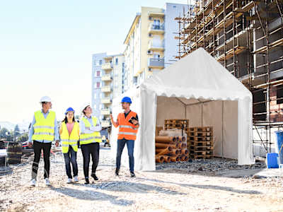 Portable storage shed used on a construction site for materials and equipment
