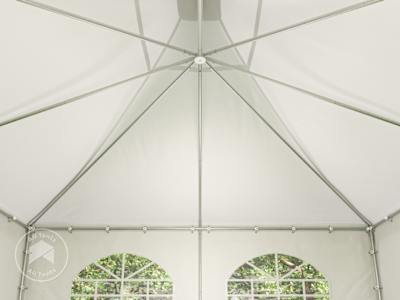 Square high peak frame tent with a single peak roof and steel frame