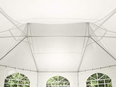 Octagonal high peak frame tent with a double peak roof and steel frame