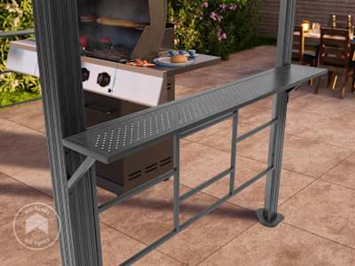 Integrated steel side shelf on grill gazebo providing prep space next to barbecue