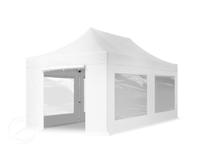 White pop-up canopy with sidewalls and clear windows for outdoor events