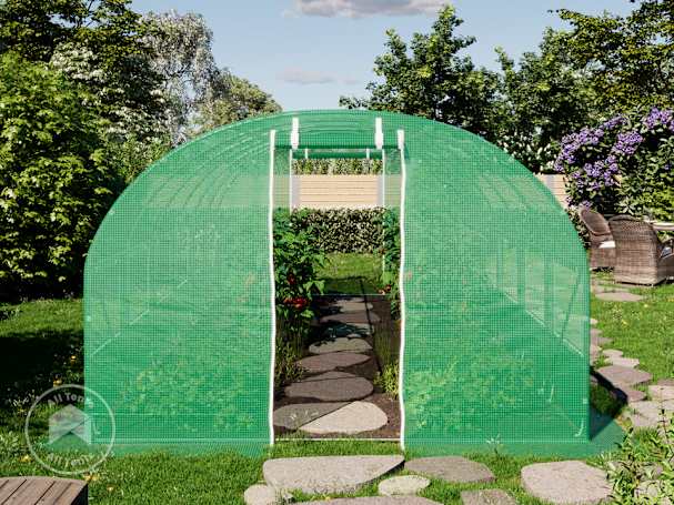 Basic hoop house greenhouse with roll-up door entrance