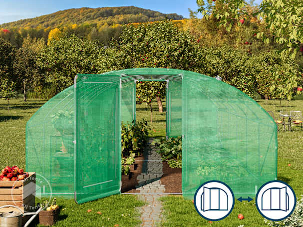 Premium hoop house greenhouse with two framed doors open