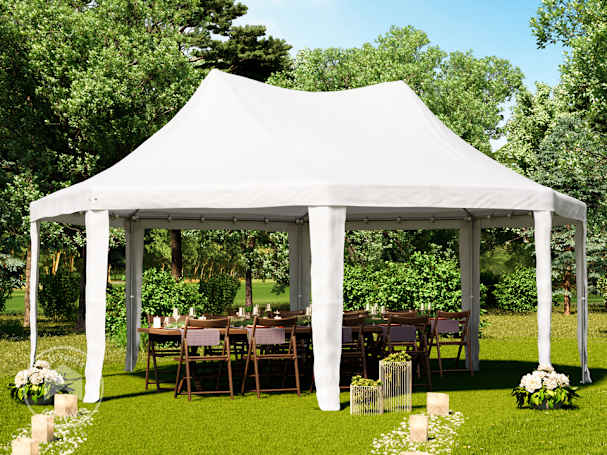 20×20 high peak frame tent set up outdoors with open sidewalls and double peak roof