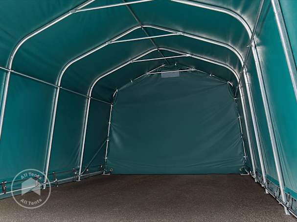 Interior of professional grade portable storage shed with enclosed walls