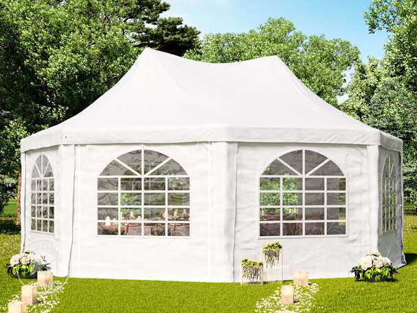 20×20 high peak frame tent with octagonal layout and large arched PVC window panels