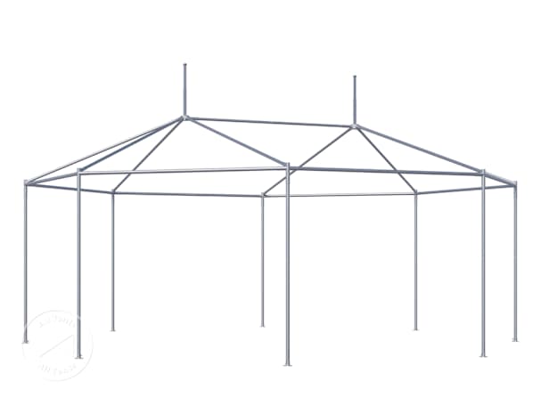 Frame structure of a 20×20 high peak tent with octagonal layout and double peak roof design