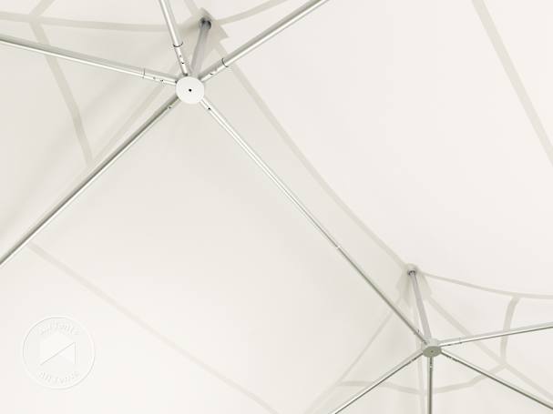 Interior roof structure of 20×20 high peak tent showing steel frame and central peak connection  Slug