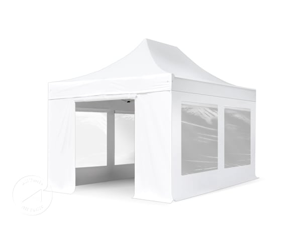 White pop-up canopy tent with arched window sidewalls set up for outdoor use