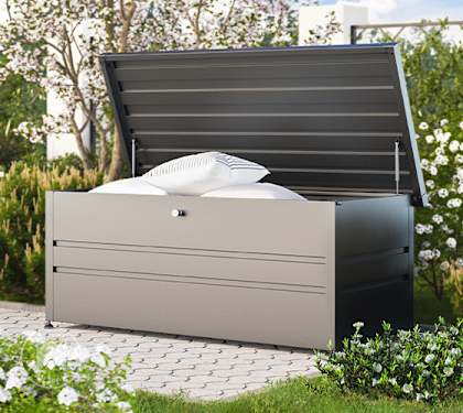 deck box on patio storing patio furniture