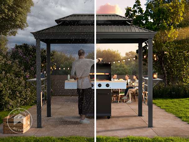 Outdoor grill gazebo in backyard setting with steel hardtop roof over barbecue grill