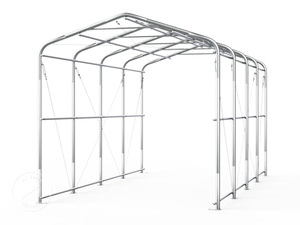 Sturdy steel frame structure of a portable garage, designed for stability and durability