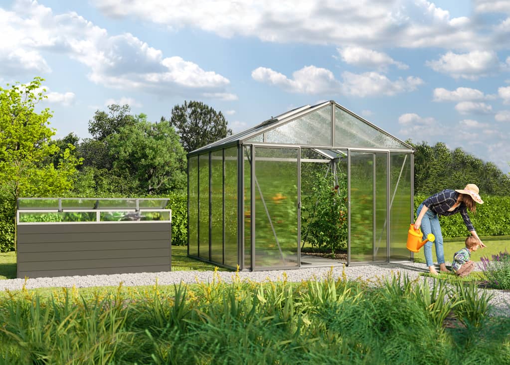 A stable and stylish raised garden bed and greenhouse for gardens